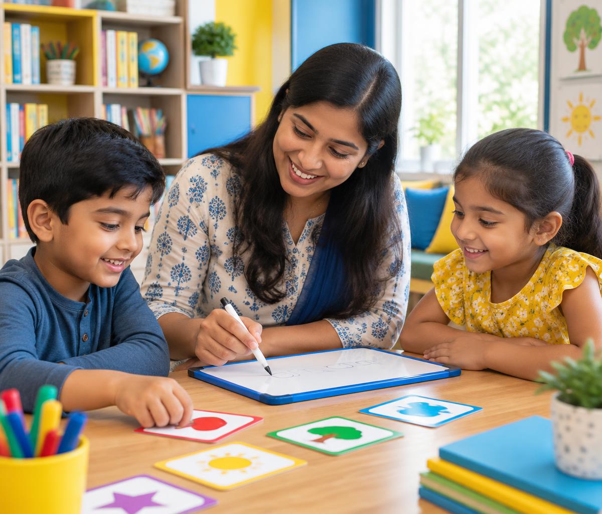 A teacher guiding two young students at Creative Talent Academy